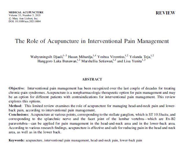 The Role of Acupuncture in Interventional Pain Management - Perhimpunan Dokter Spesialis Akupunktur Medik Indonesia